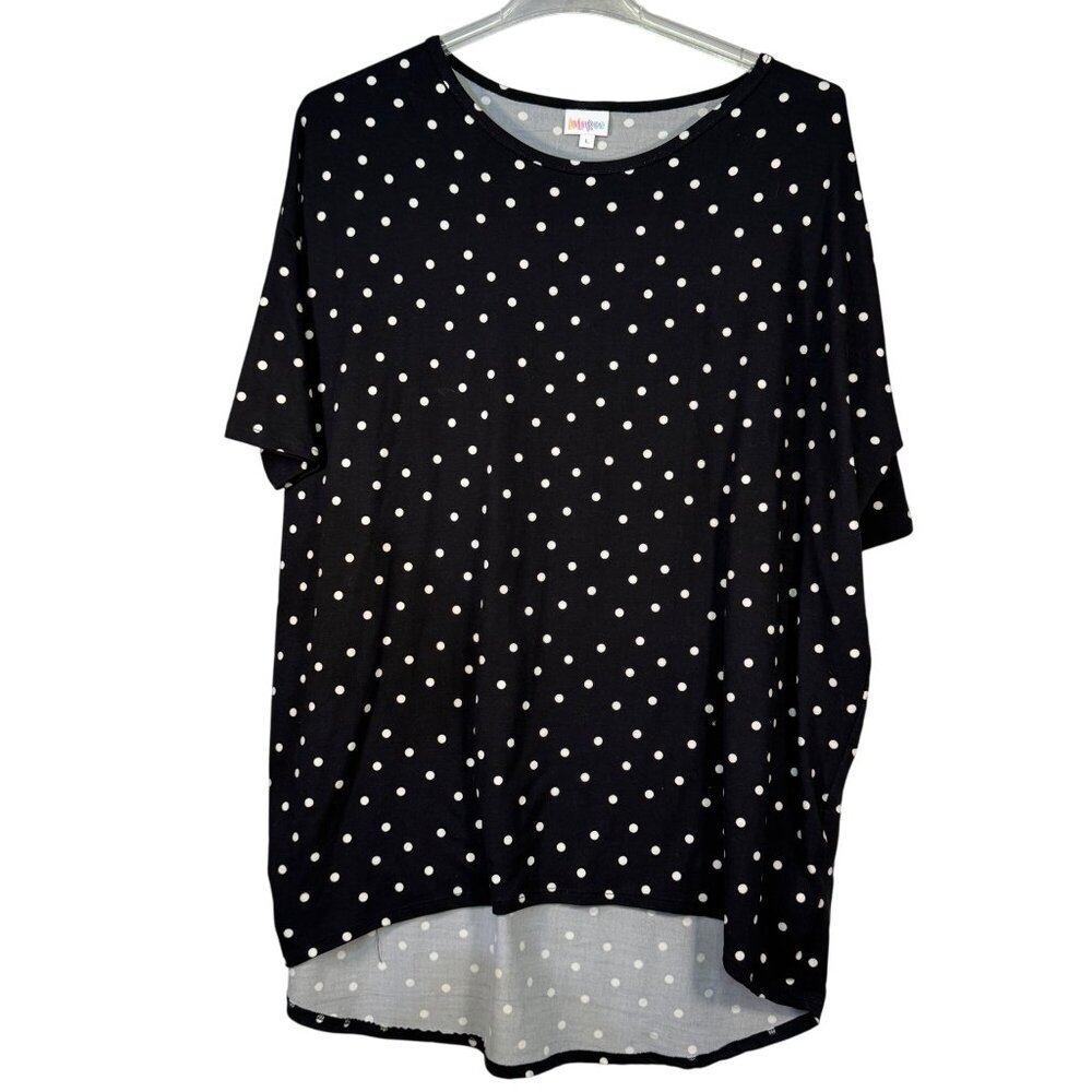 LuLaRoe Irma Black White Polka Dot Womens Tunic Top Size L Relaxed Fit